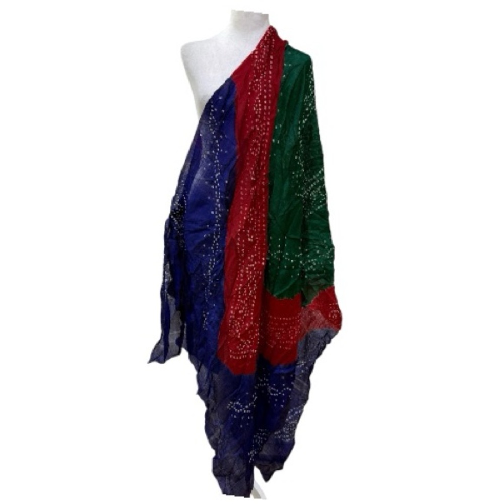 Traditional Bandhani Tie-Dye Dupatta / Scarf – Multicolor (Green, Red, Blue)